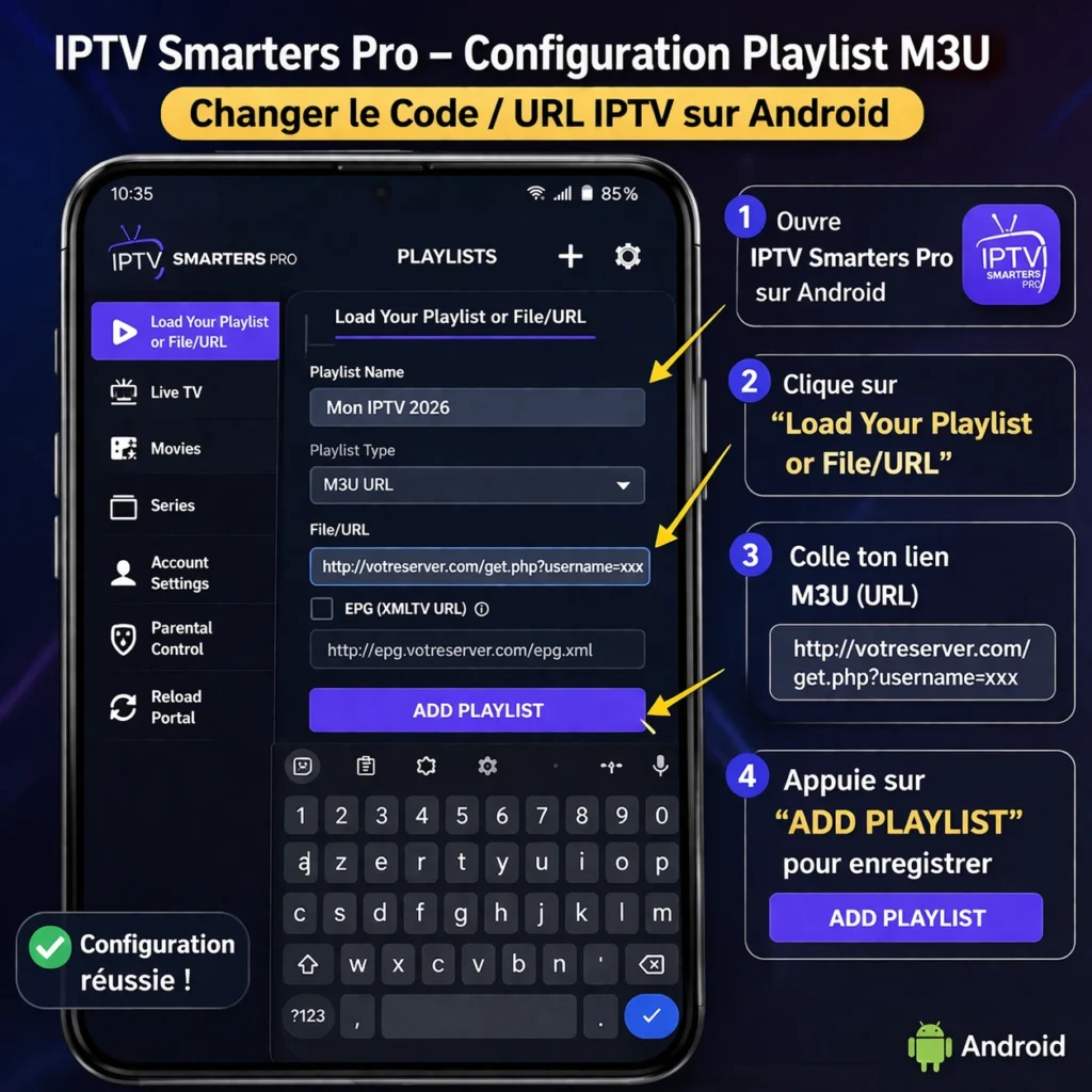 comment changer le code IPTV sur Android avec IPTV Smarters Pro