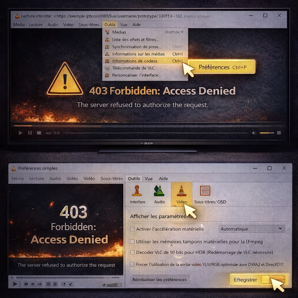 erreur de lecture IPTV 403 solution désactivation décodage matériel VLC