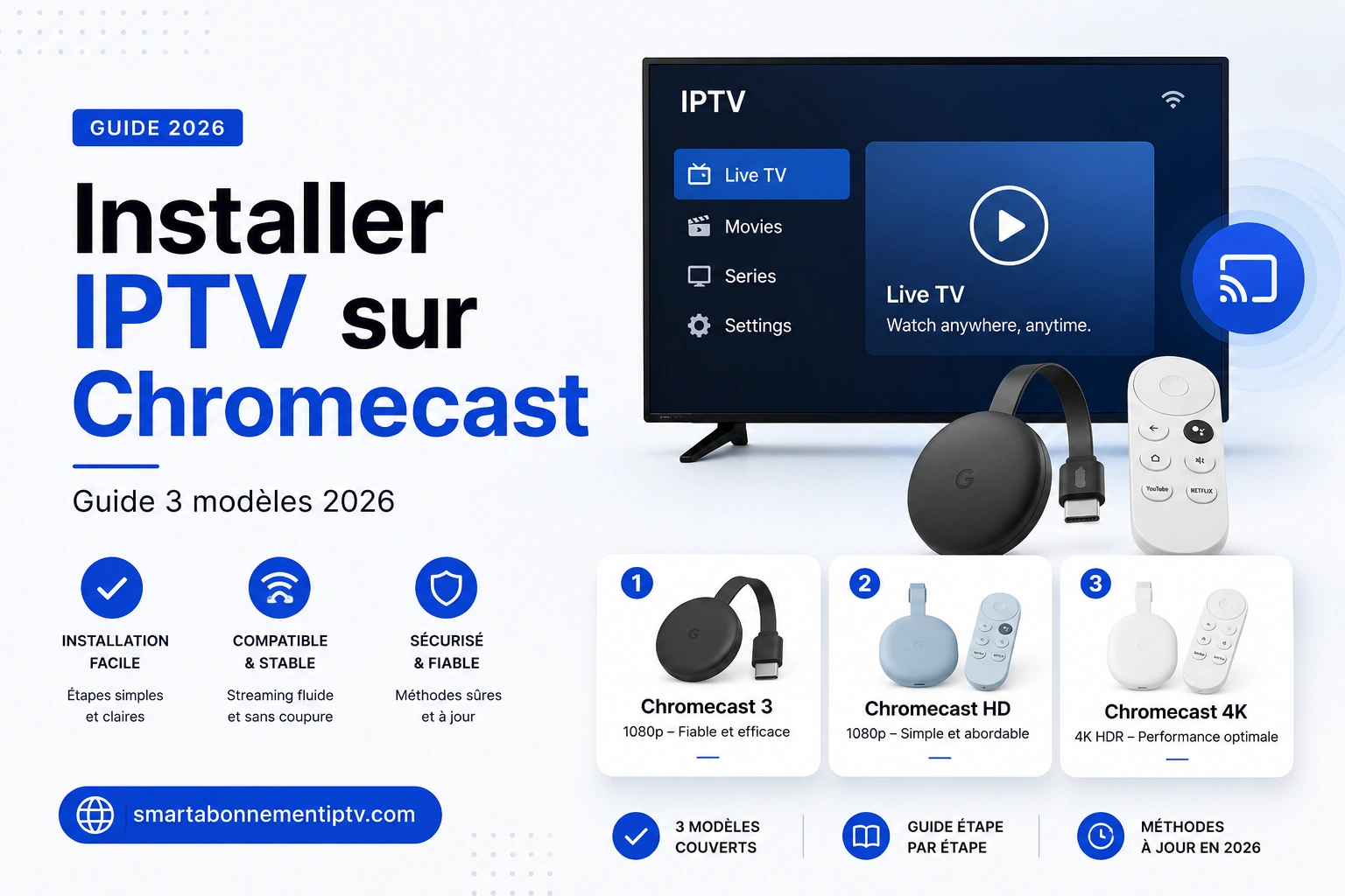 Installer IPTV sur Chromecast : guide 3 modèles 2026