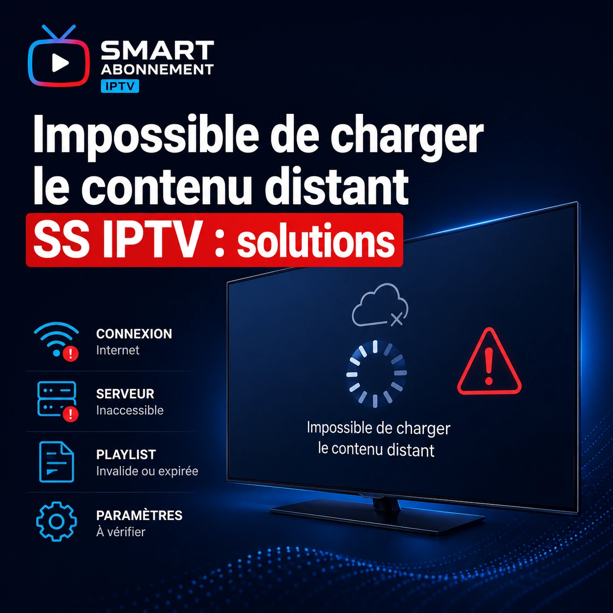 Visuel carré Smart Abonnement IPTV sur fond bleu nuit, avec logo en haut à gauche, téléviseur affichant une erreur de chargement SS IPTV et pictogrammes indiquant les causes possibles : connexion Internet, serveur inaccessible, playlist invalide ou expirée et paramètres à vérifier.